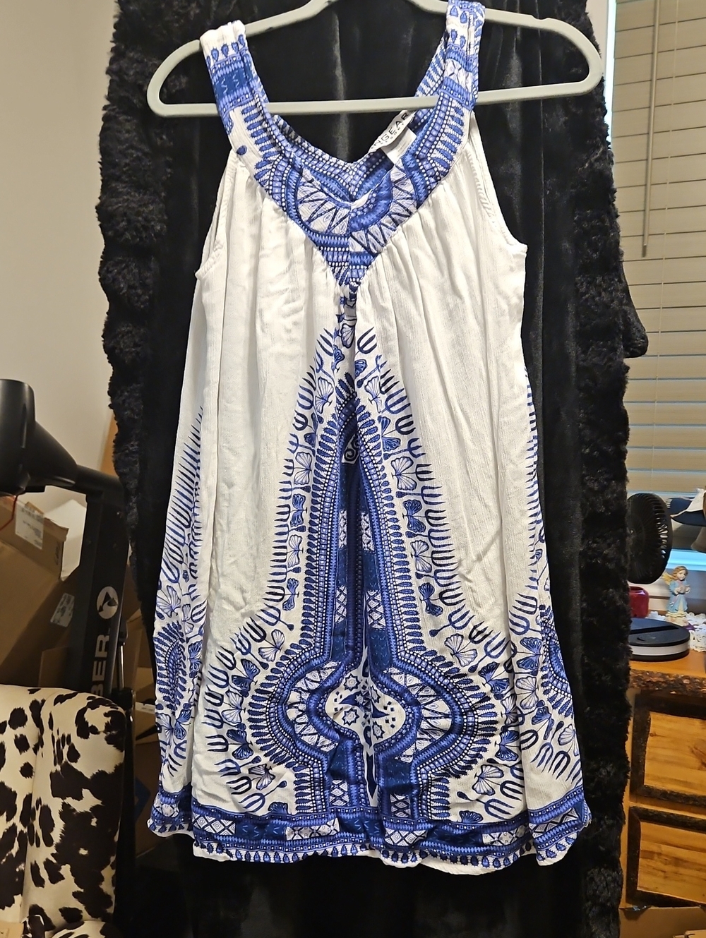 Sleeveless White Mini Dress with Blue Boho Print